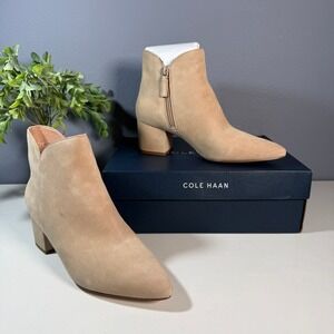 Cole Haan Elyse Bootie 60MM DK Latte Suede Block Heel Pointed Toe Size 8.5